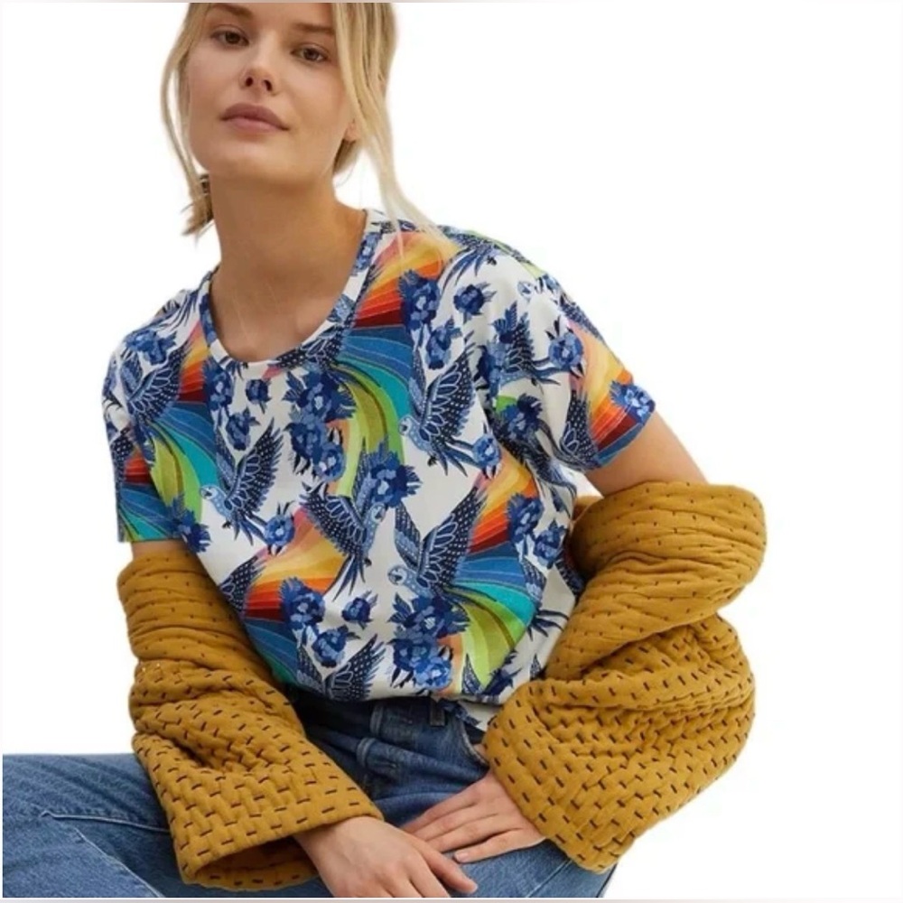 Farm Rio-For Anthropologie-Aves Graphic Tee-Birds-Parrots-Rainbow-Tropical-S